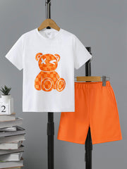 Boys Leaf Print Casual Outfit Round Neck T shirt & Shorts Kids Summer Clothes