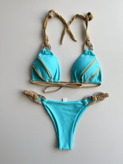 Triangle Bikini Set Halter Neck Ring Weaving Straps Backless High Cut 2 Pieces