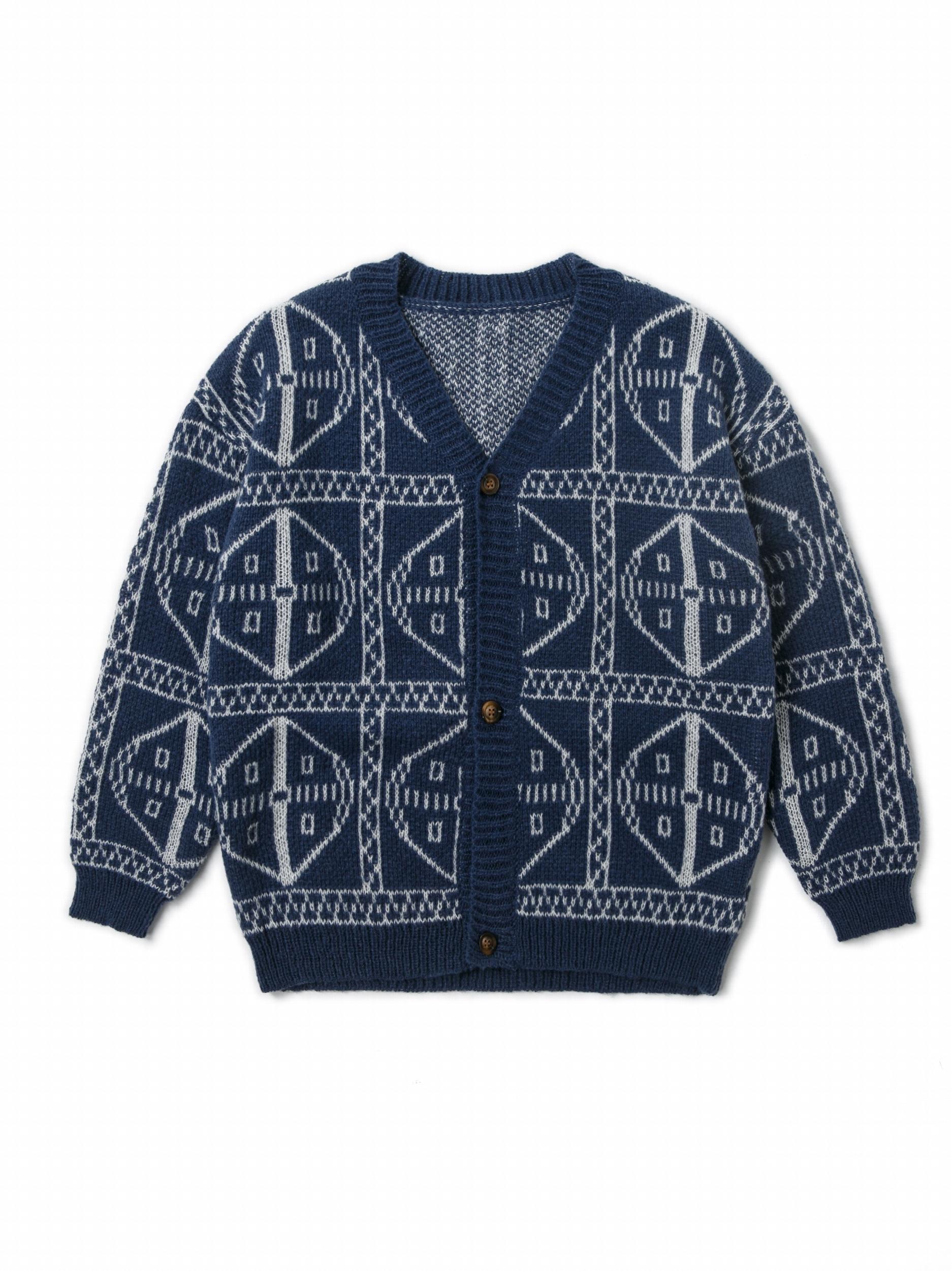 Geometric Print Boys Cardigan Sweater Long Sleeve Crew Neck