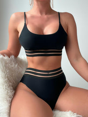 Mesh Contrast Band 2 Piece Bikini High Waist Swimsuit