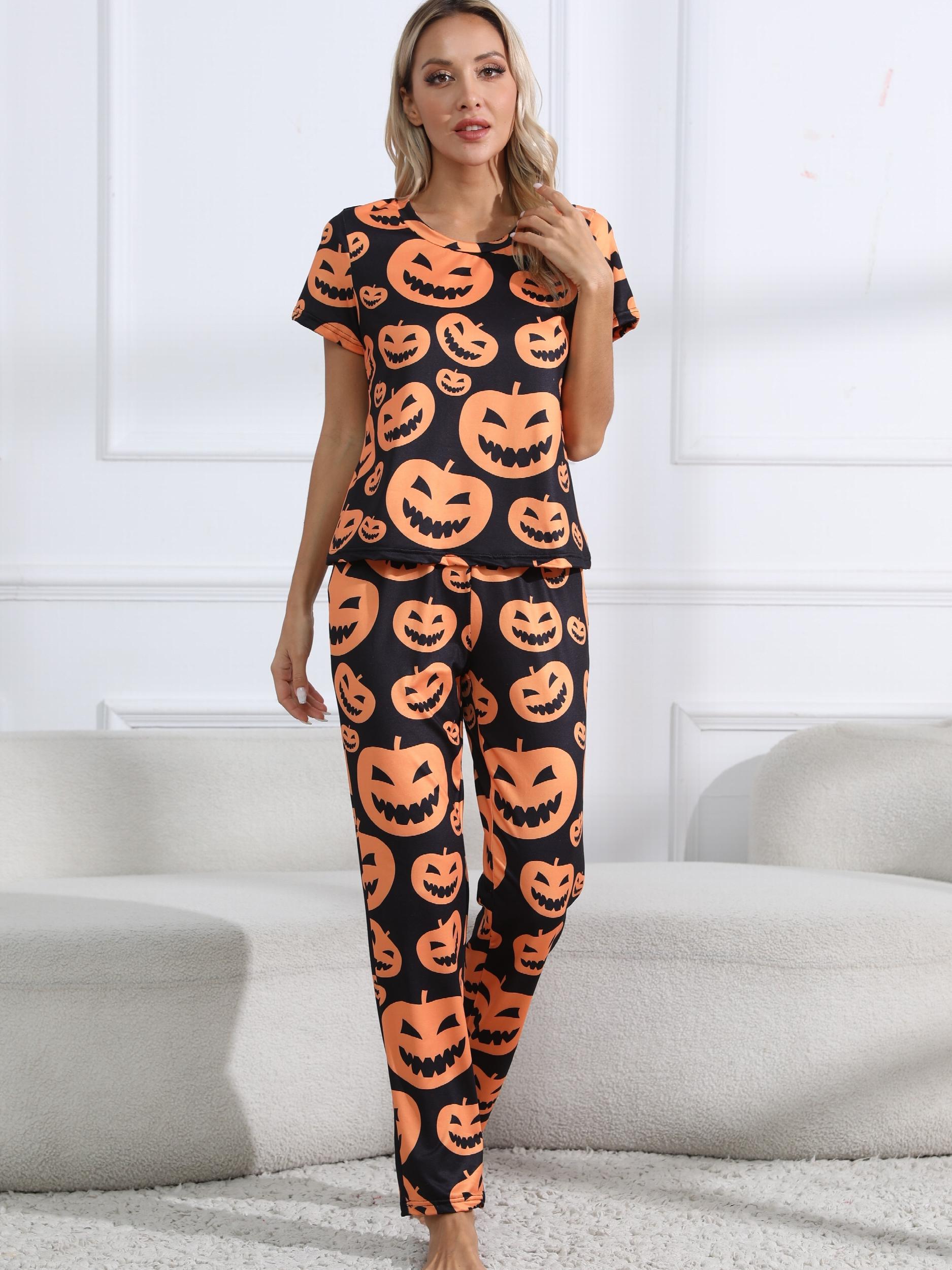 Halloween Pajama Set Women's Pumpkin Print Tee & Pants Lounge Set