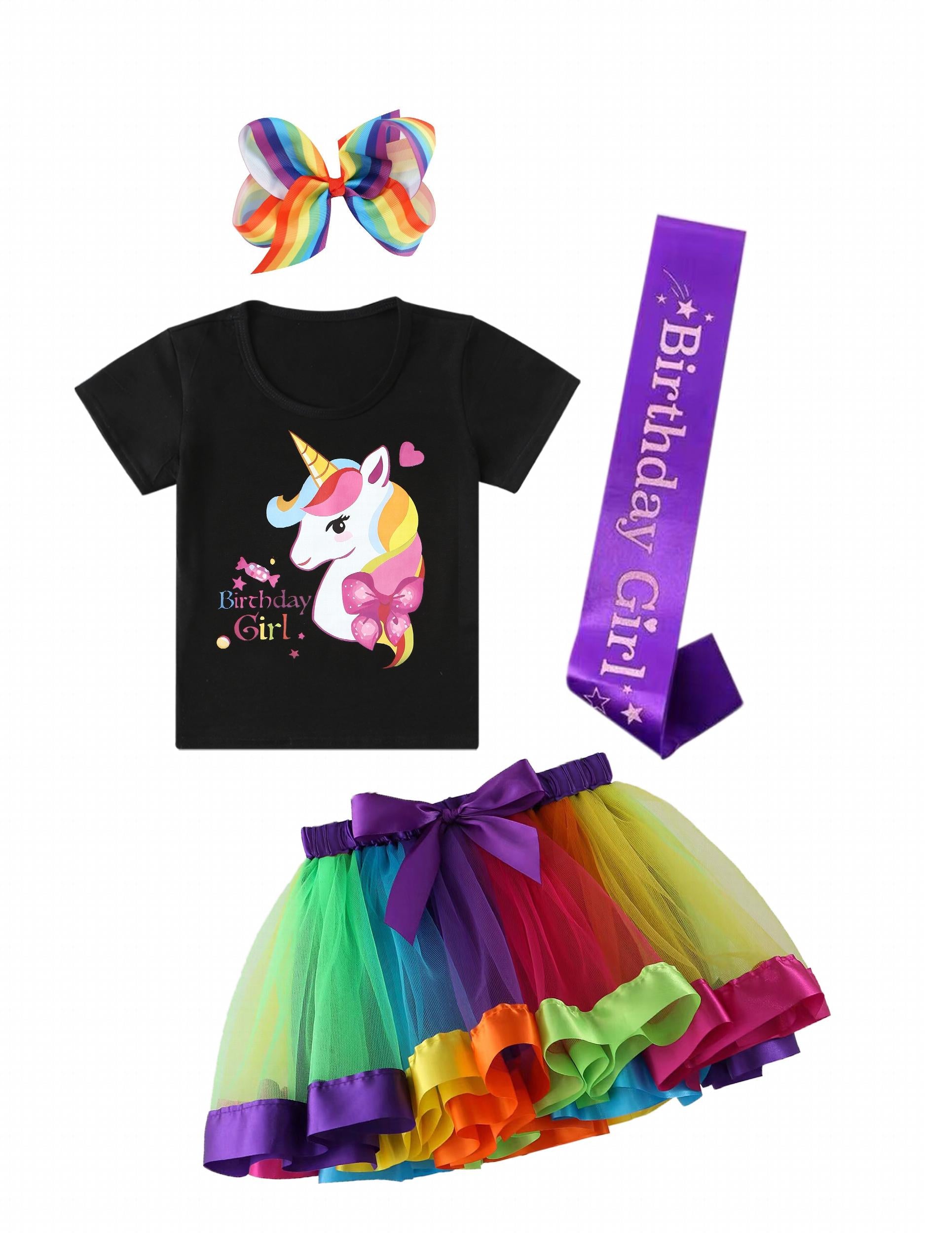 Toddler Girls Rainbow Unicorn T Shirt & Mesh Tutu Skirt Set For Birthday Party