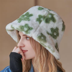 Winter Faux Fur Bucket Hat Flowers Floral Fluffy Fisherman Caps For Women