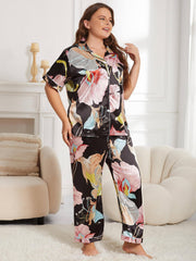 Floral Print Satin Blouse & Pants Pajama Set