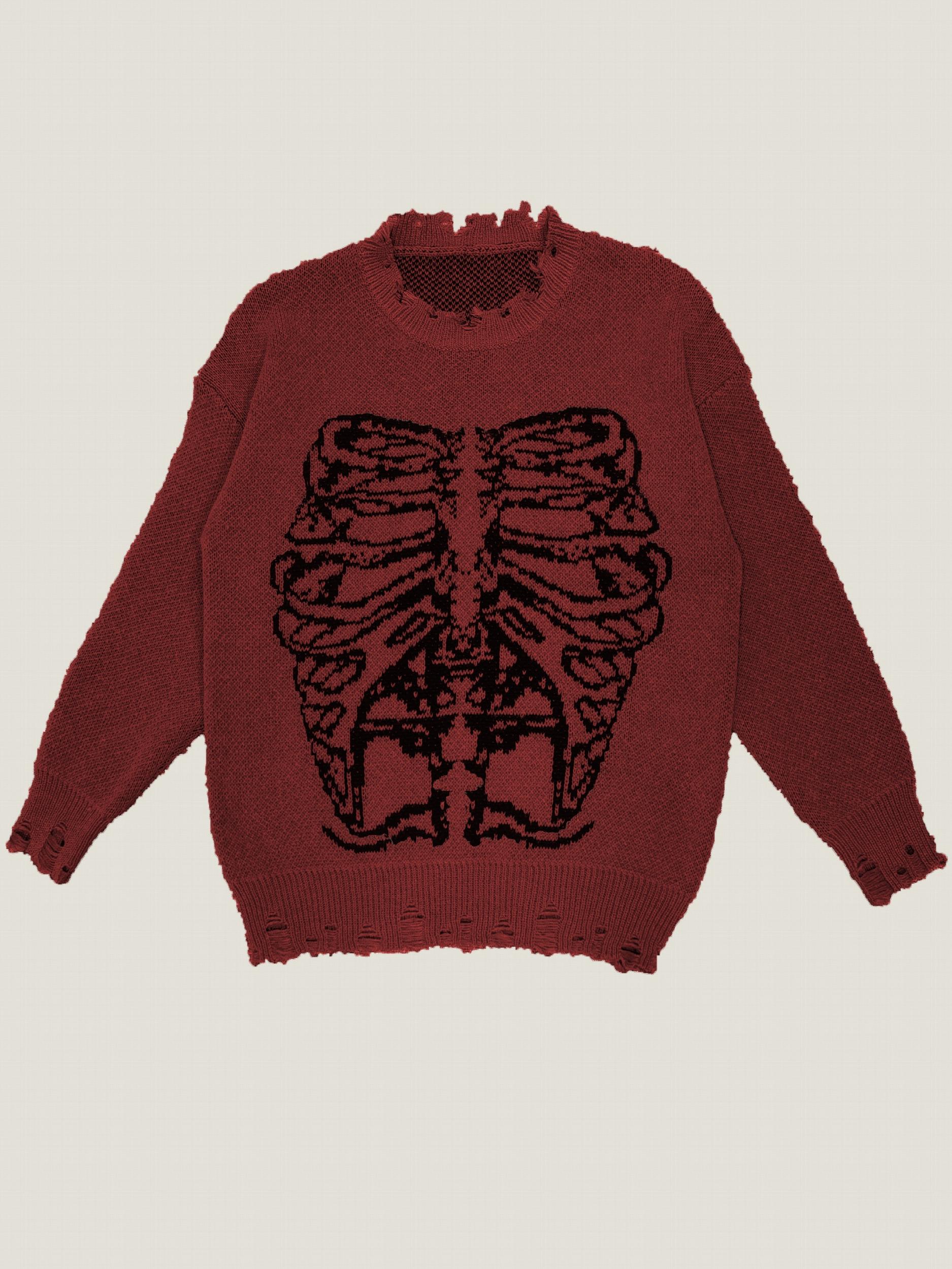 Goth Skeleton Print Ripped Sweater