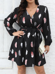 Feather Print Lantern Sleeve Belted Mini Dress