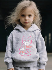 Cat Pattern Hooded Sweatshirt & Sweatpants Set for Girls