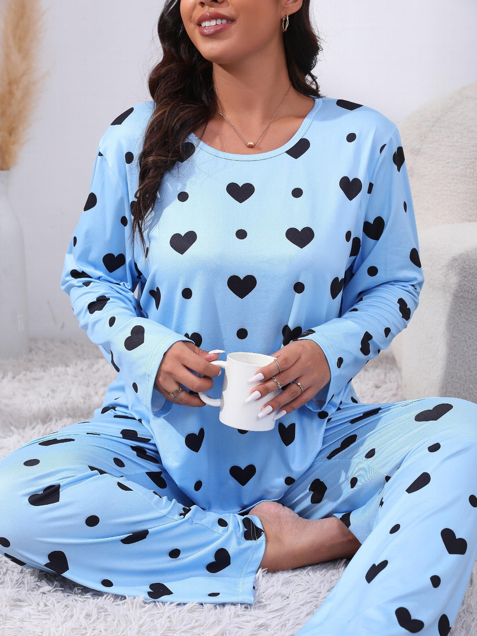 Women's Plus Heart & Polka Dot Pajamas Set Long Sleeve Tee & Pants