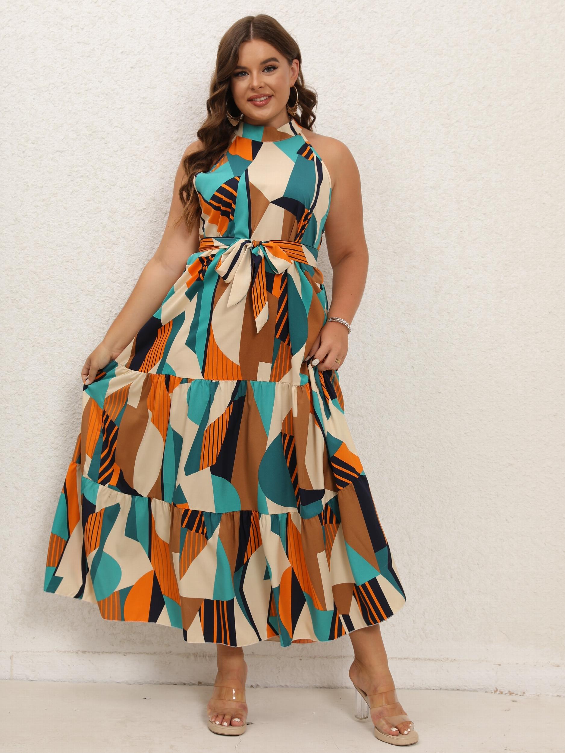 Colorblock Geometric Print Halter Maxi Dress With Belt