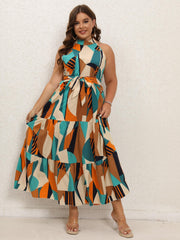 Colorblock Geometric Print Halter Maxi Dress With Belt