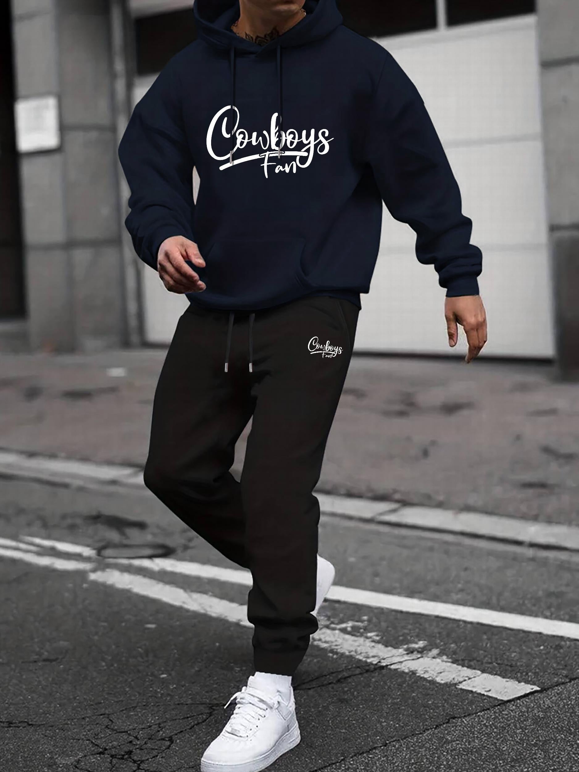 Men's Cowboy Fan Crew Neck T Shirt Hooded Sweatshirt & Sweatpants Set