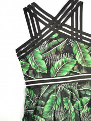 Leaf Print Mesh 2-Piece Swimsuit High Cut Beachwear Women's Swimwear