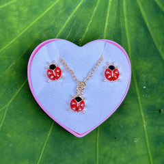 Colorful Insect Ladybug Pendant Necklace & Earrings Set For Girls