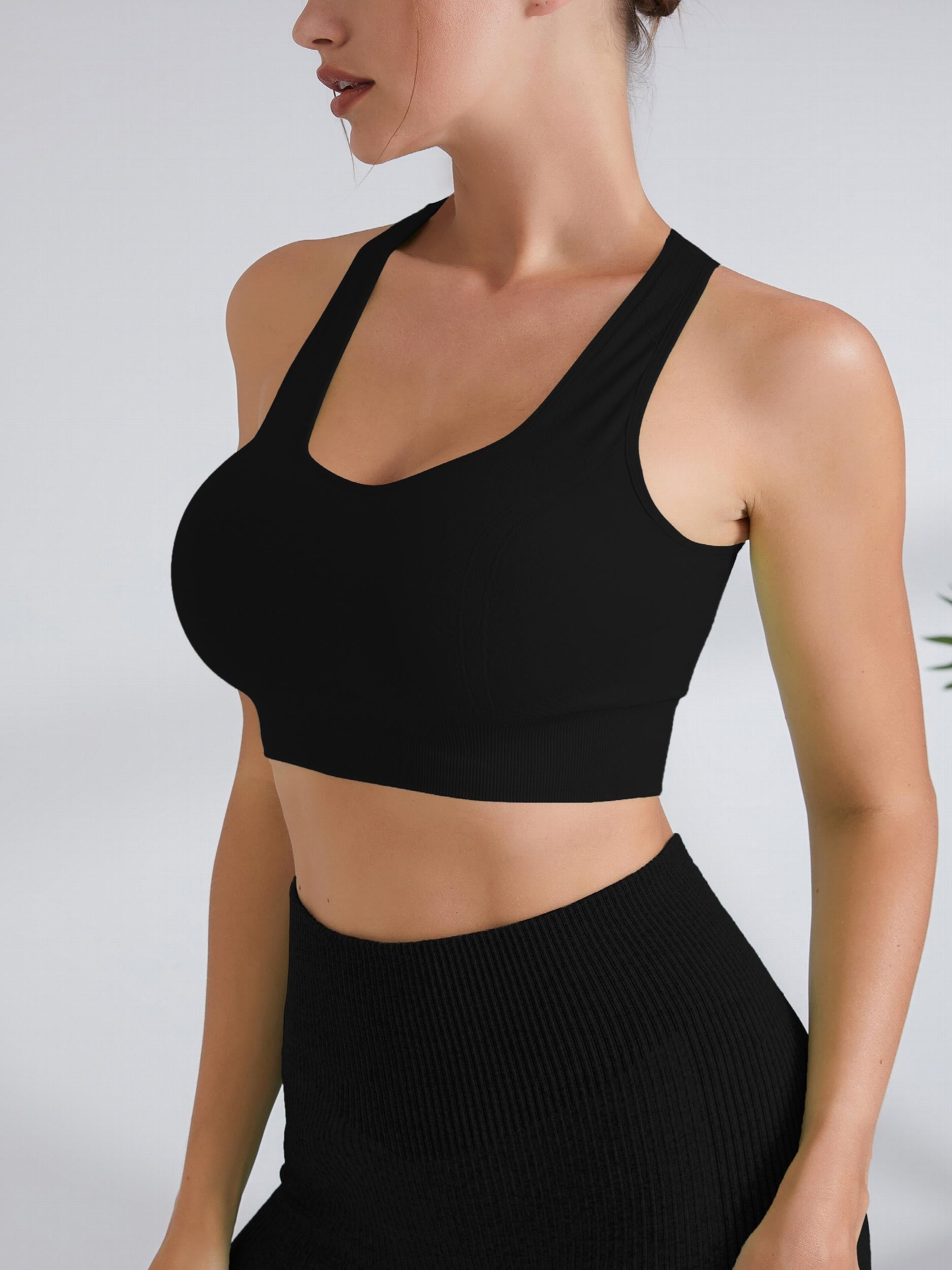 Women's Hollow Out Back Sport Bra With Pocket High Impact Running Yoga Tank Top