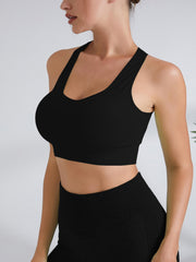 Women's Hollow Out Back Sport Bra With Pocket High Impact Running Yoga Tank Top