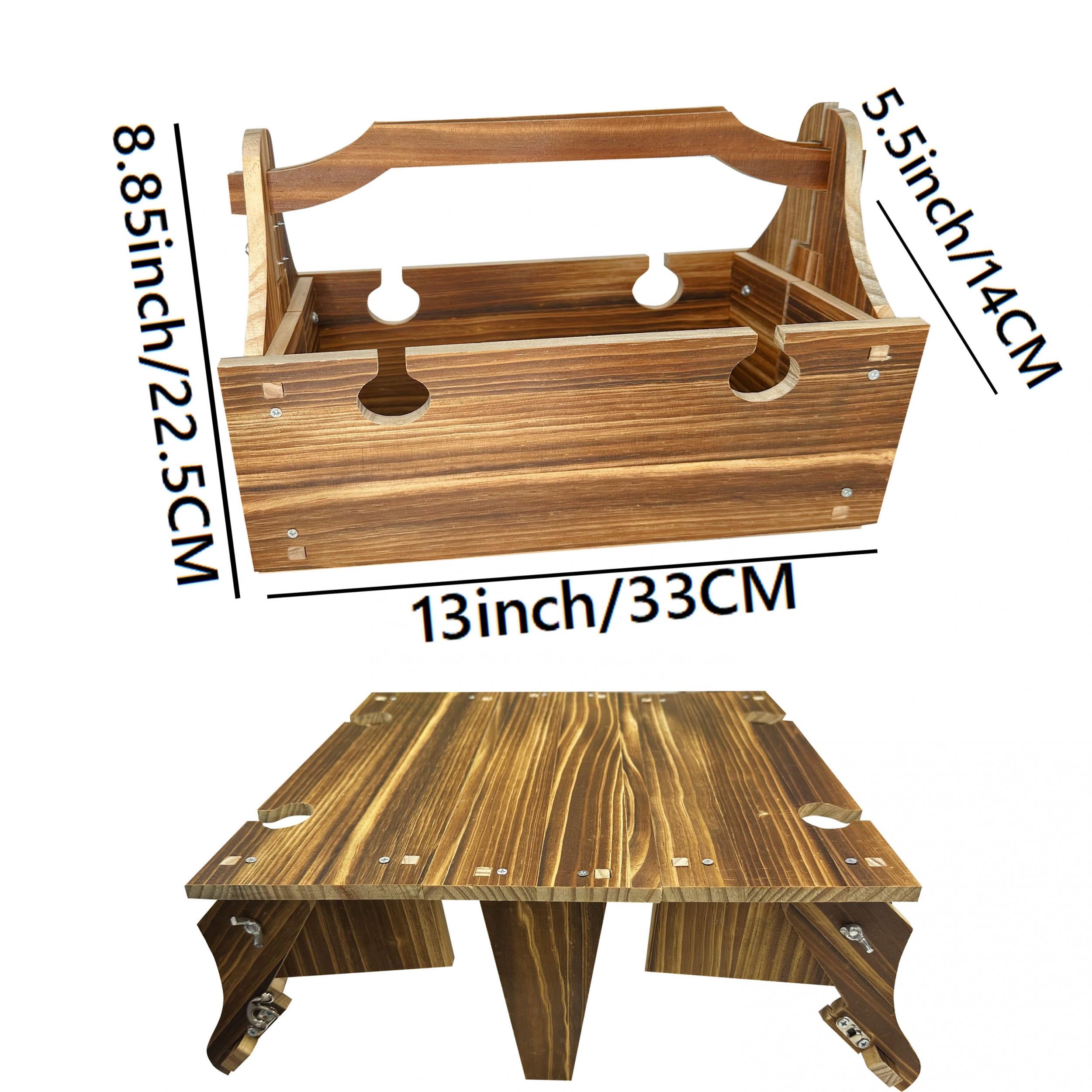 Wooden Folding Picnic Table with Wine Glass Holder and Storage Basket