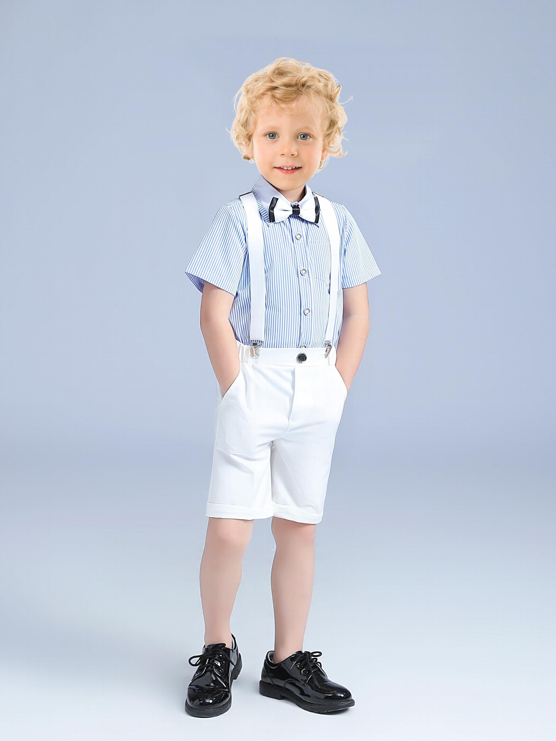 Boys Striped Shirt & Overalls Set with Bow Tie