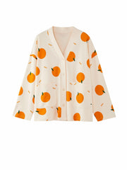 Fruit Print Pajama Set Long Sleeve Buttons Top & Elastic Waistband Pants