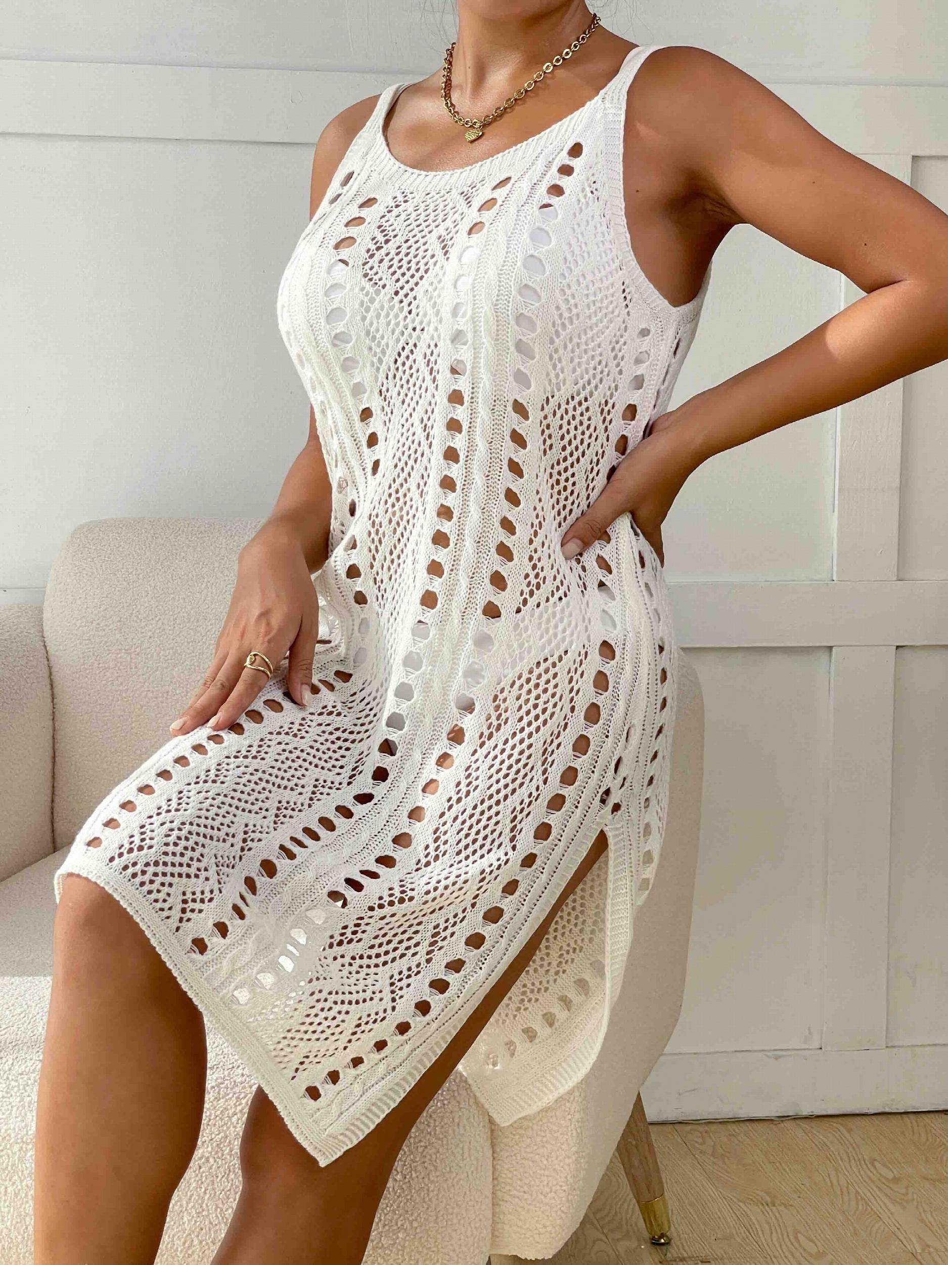 Eyelet Hollow Knitted Cover Up Dress Solid Boho Beach