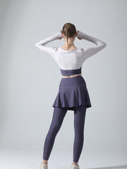 2pcs Block Yoga Sports Set Long Sleeve Thumb Hole Shirt & Skorts Leggings