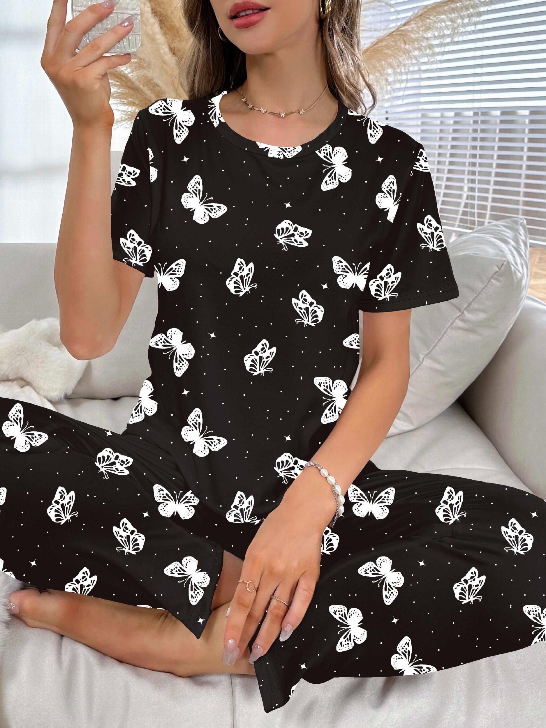 Butterfly Print Pajama Set Short Sleeve Top & Pants Women's Sleepwear