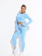 Yoga Sports Set Long Sleeve Tee & High Waist Leggings Women's Activewear