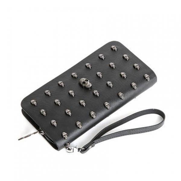 Skull Rivet Wristlet Wallet Long Zip Handbag for Women