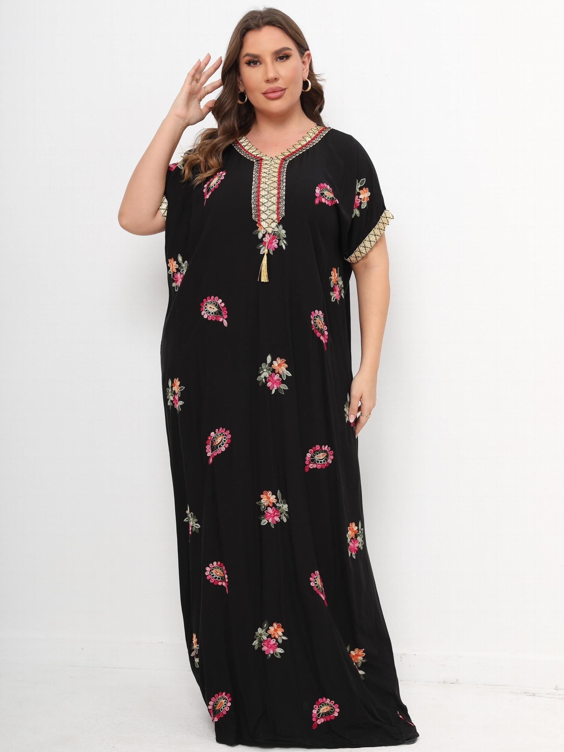 Floral Print Lace Panel Sleeve V Neck Maxi Kaftan Dress