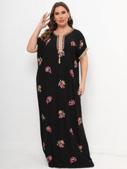 Floral Print Lace Panel Sleeve V Neck Maxi Kaftan Dress