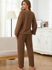 Letter Print Pajama Set Long Sleeve Crew Neck Top & Elastic Waistband Pants