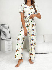 Cartoon Print Lounge Set Short Sleeve Crew Neck Top & Elastic Waistband Pants