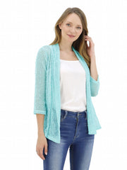 V Neck Mesh Slim Cardigan Boho 3/4 Sleeve Crochet Crop