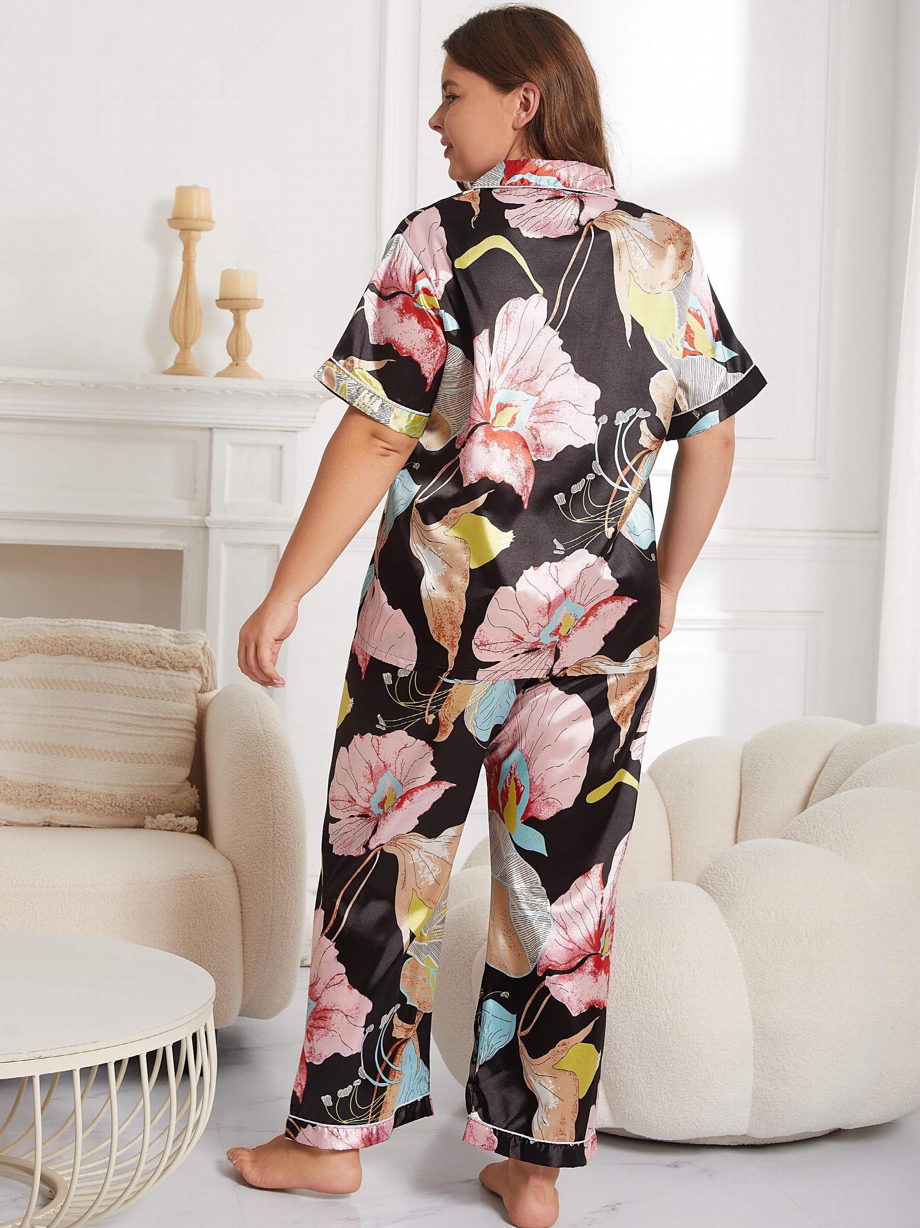 Floral Print Satin Blouse & Pants Pajama Set