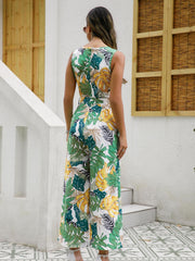 Boho Tropical Print Wide Leg Jumpsuit V Neck Sleeveless Tank Jumpsuit