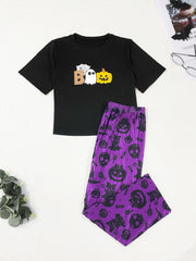 Halloween Gothic Pajama Set Women's Pumpkin & Ghost Print Tee & Pants