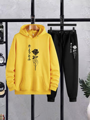 Rose Graphic Print Men's Hoodies & Pants Set Loose Plus Size Winter Fall
