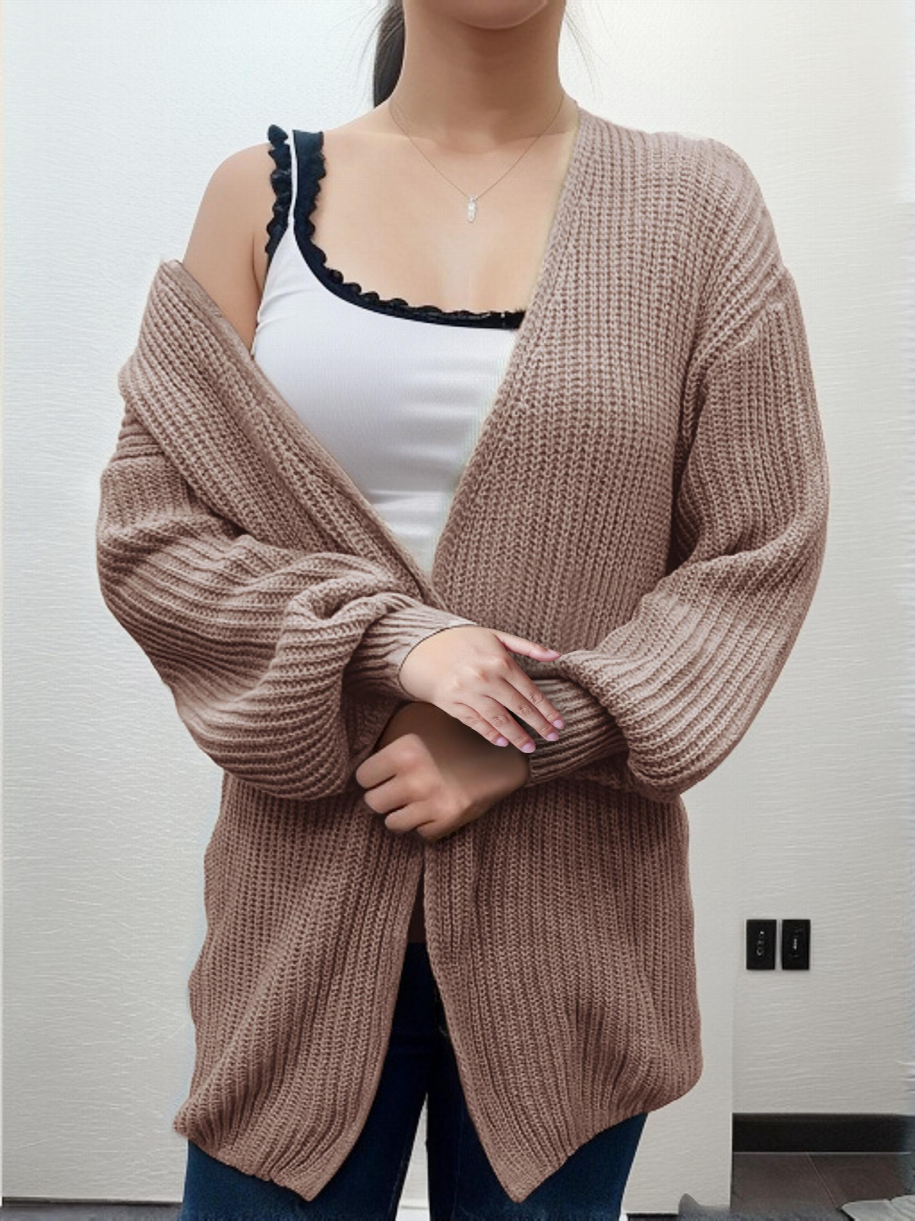 Solid Lantern Sleeve Open Front Knit Cardigan