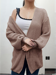 Solid Lantern Sleeve Open Front Knit Cardigan