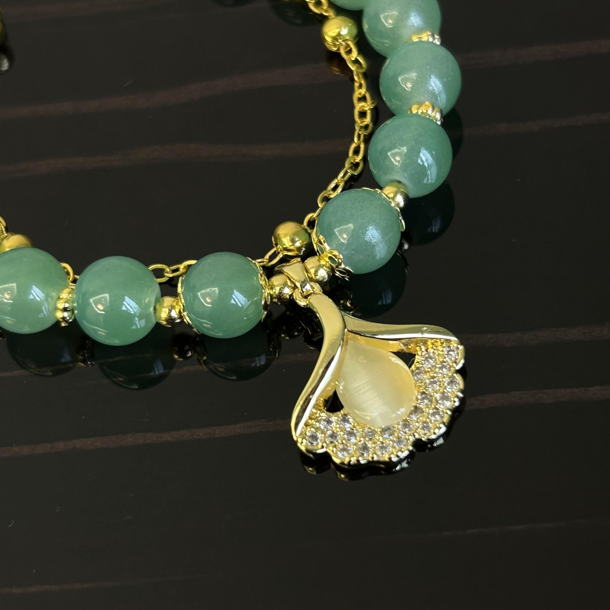 Green Jade Bracelet With Ginkgo Leaf, Perfect Gift for Her