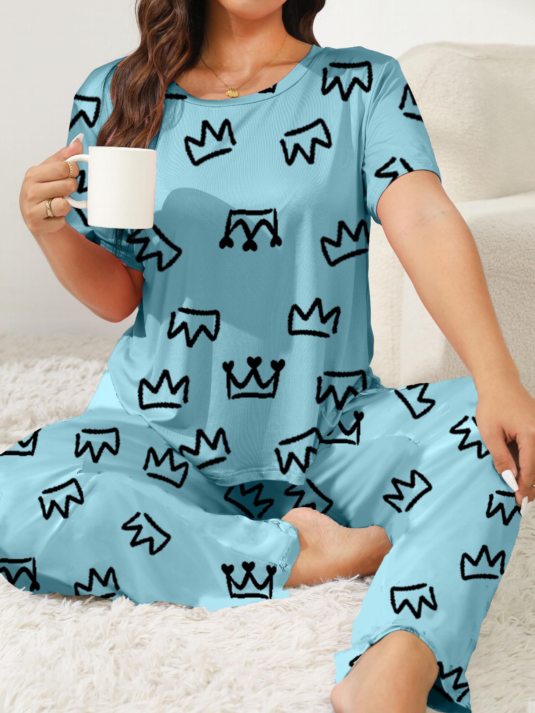 Crown Print Lounge Set Short Sleeve Tee & Pants Two Piece Set