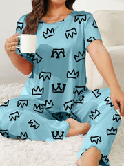 Crown Print Lounge Set Short Sleeve Tee & Pants Two Piece Set