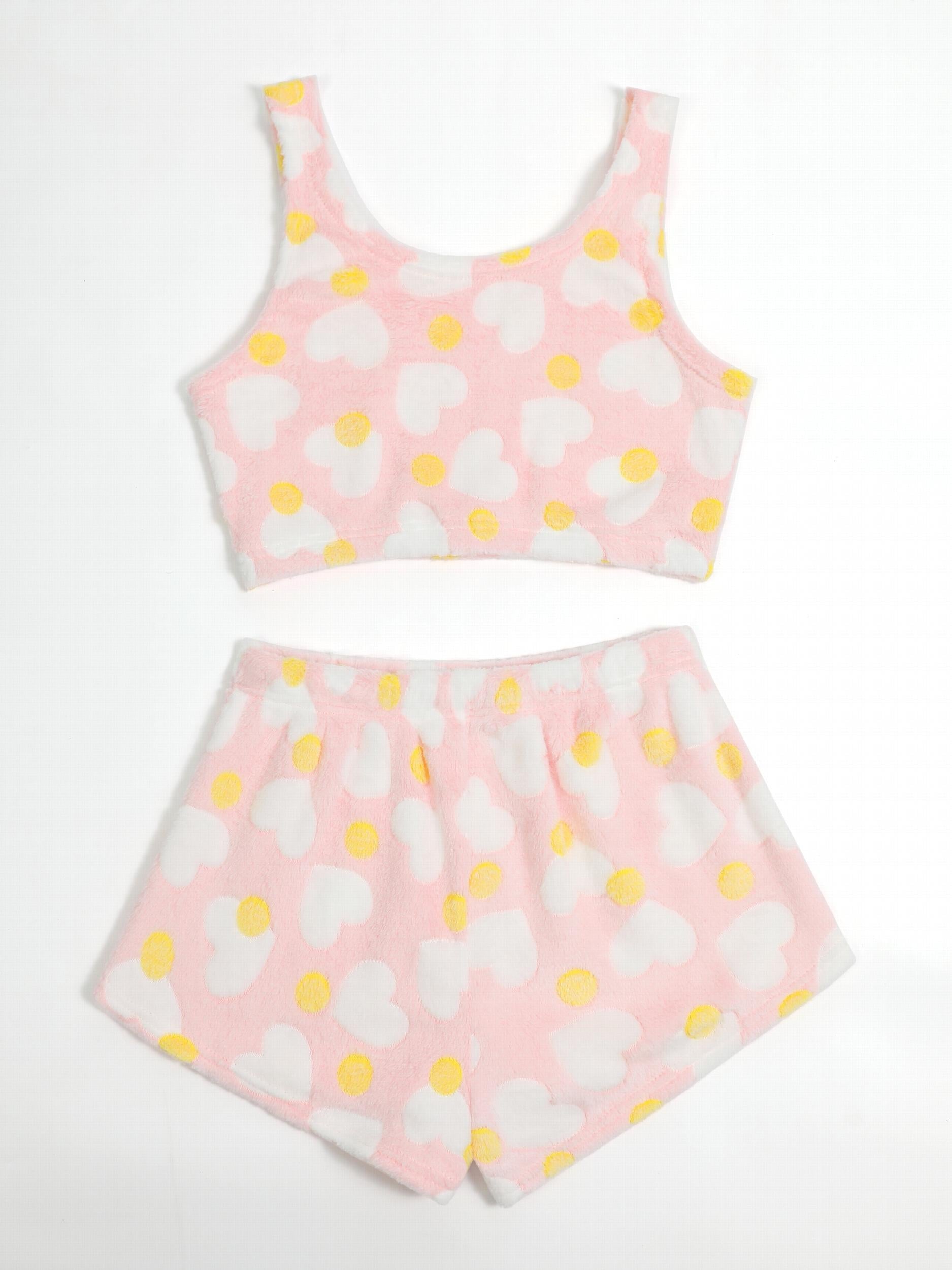 Heart & Polka Dot Flannel Crop Top & Shorts Set