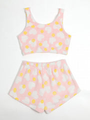 Heart & Polka Dot Flannel Crop Top & Shorts Set