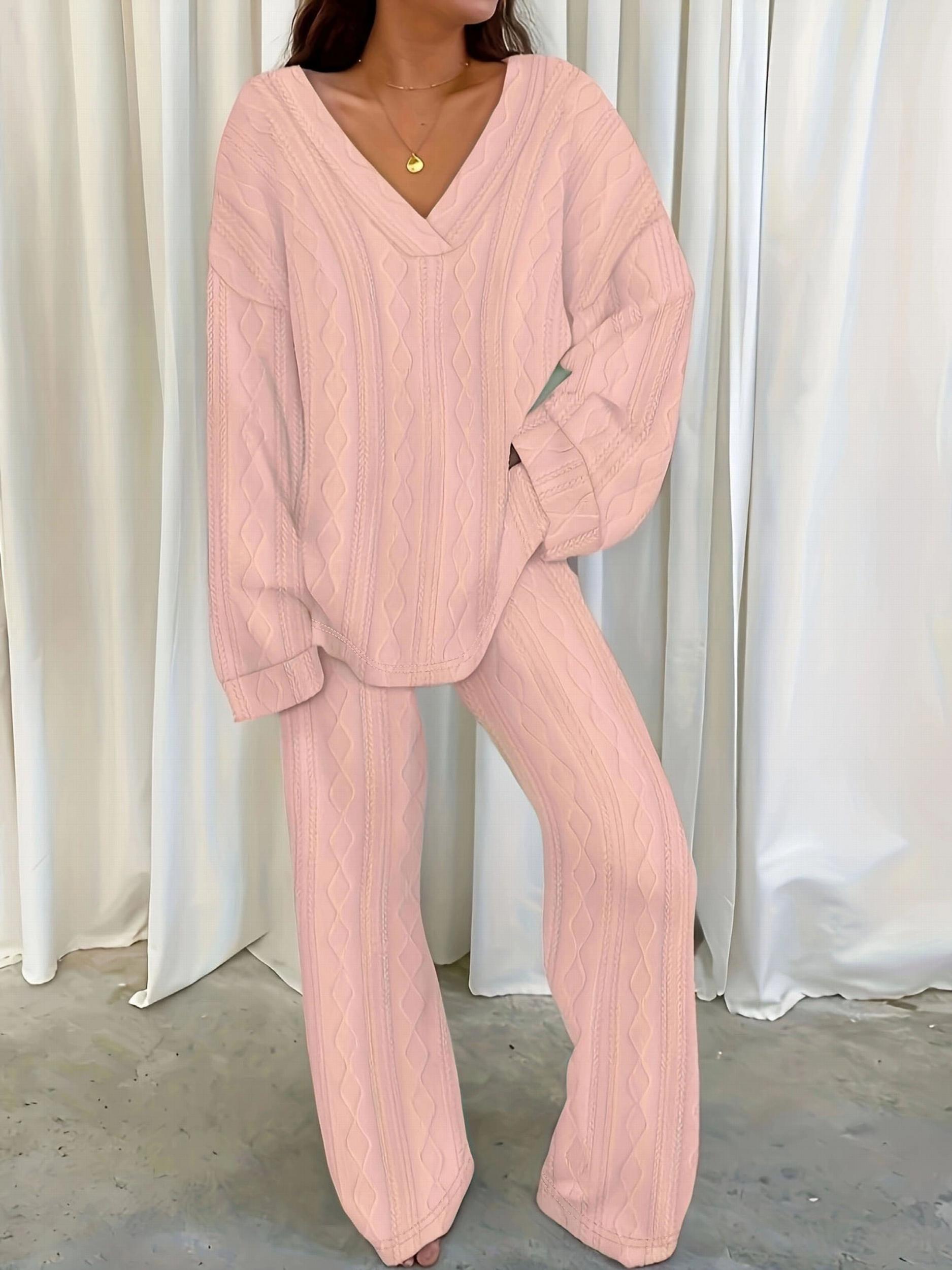 Solid Cable Knit Top & Pants Casual Outfit Set
