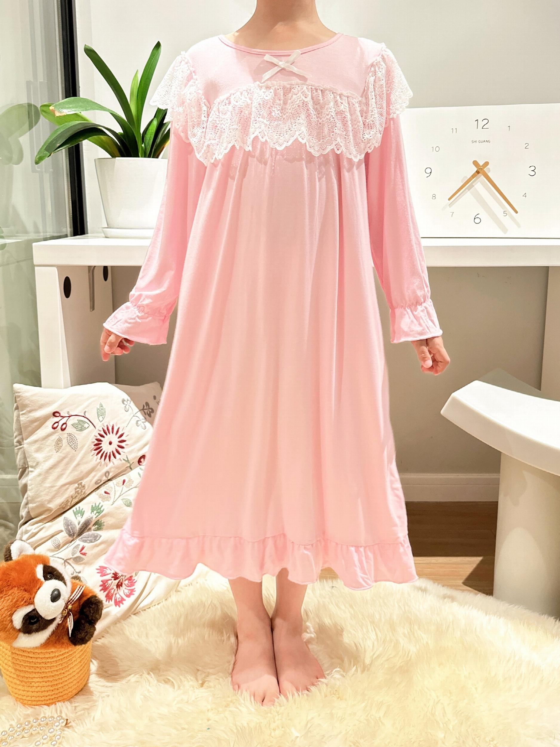 Girls Nightdress Puff Sleeve Ruffle Pajamas Lace Loungewear