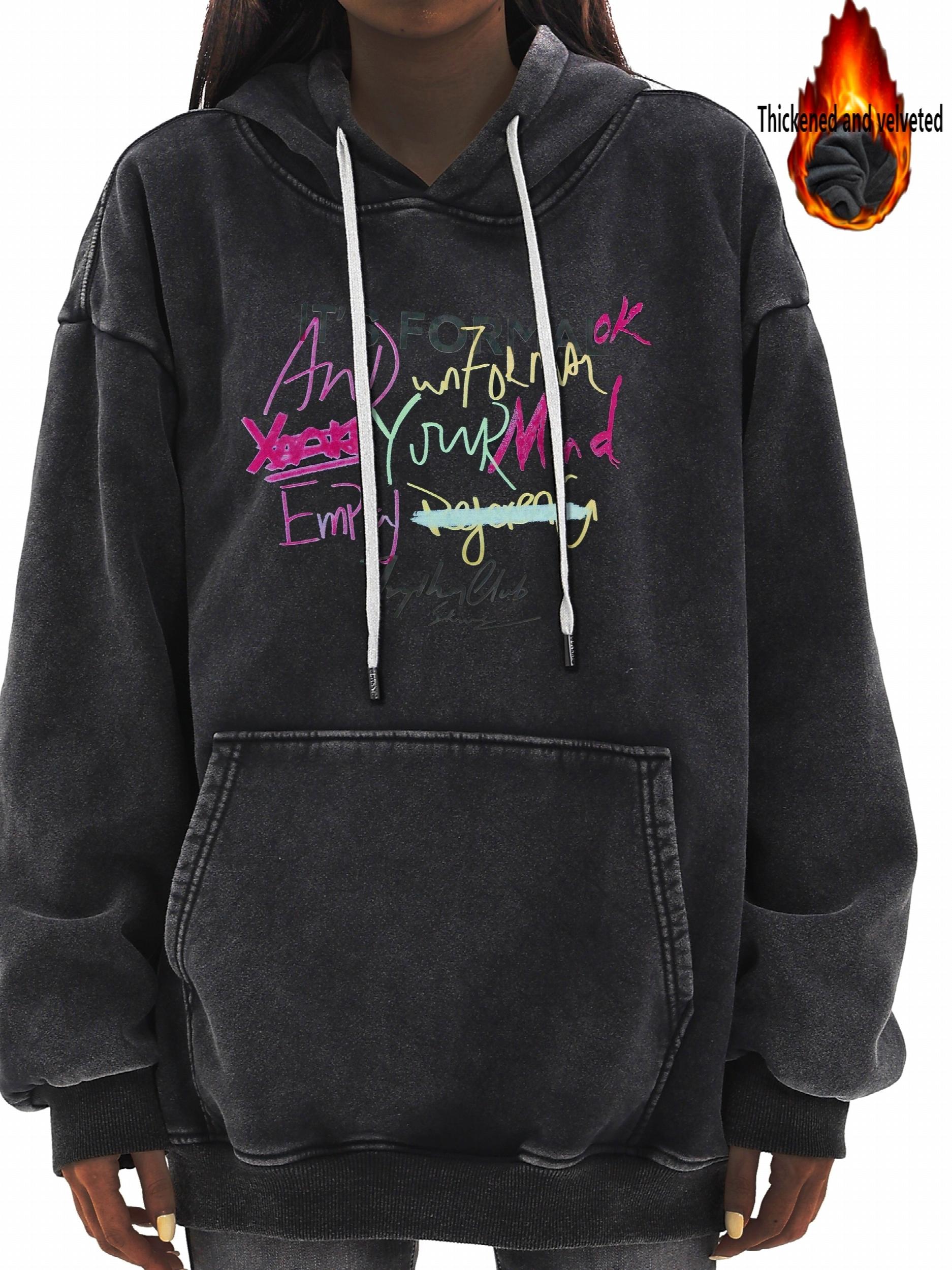 Y2K Denim Hoodie with Graffiti Print and Fleece Liner