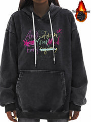 Y2K Denim Hoodie with Graffiti Print and Fleece Liner