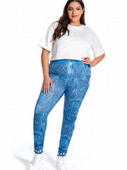 Women's Plus Geometric & Denim Print Skinny Leggings