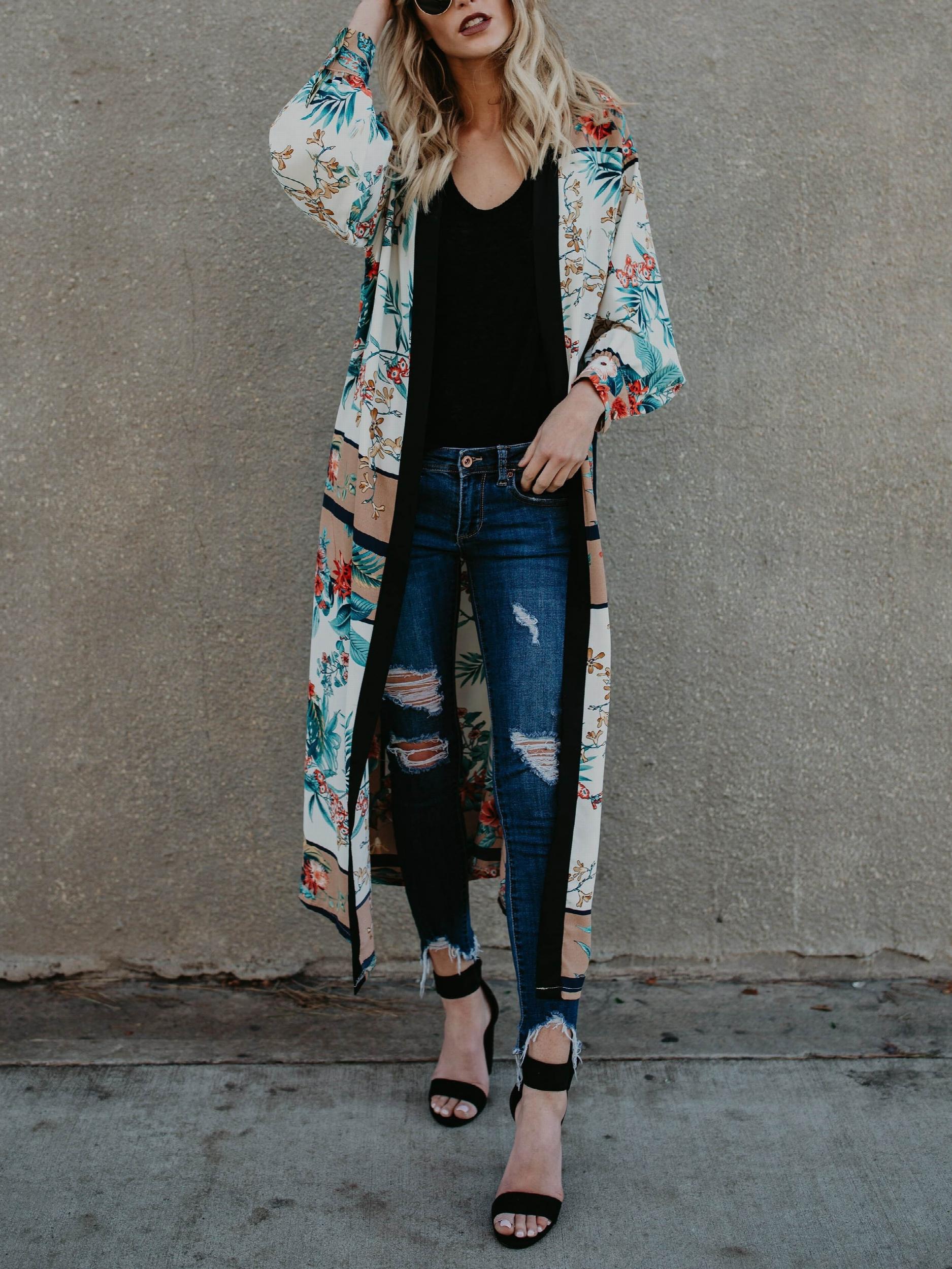 Floral Print Chiffon Long Sleeve Cover Up Beach Cardigan