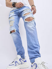 Straight Fit Ripped Jeans Men's Street Style Denim Pants